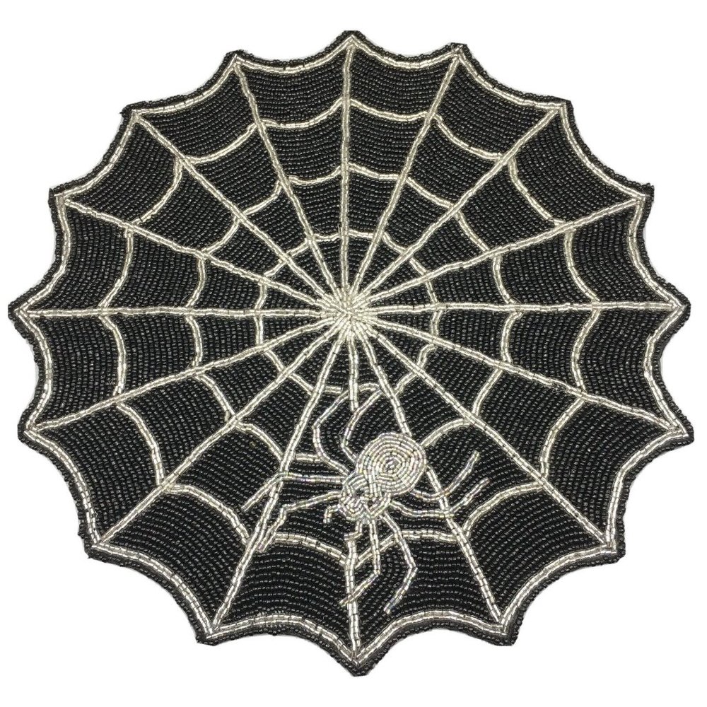 x2 Nicole Miller Halloween Silver Spider Beaded Placemat Set Spiderweb Black 15"
